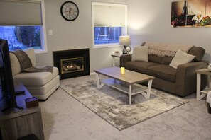 Smart TV, chimenea, libros