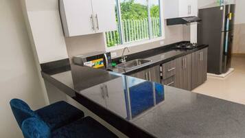 Fridge, microwave, oven, stovetop