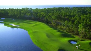 Campo de golf con obstáculos acuáticos, búnkeres de arena y una zona boscosa.