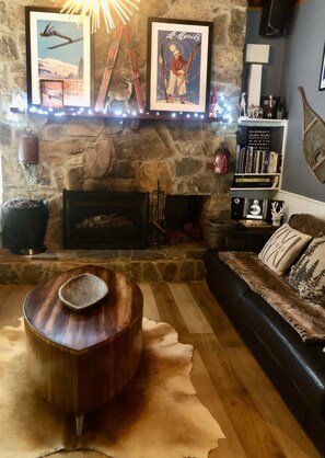 Televisión, chimenea, reproductor de DVD y libros