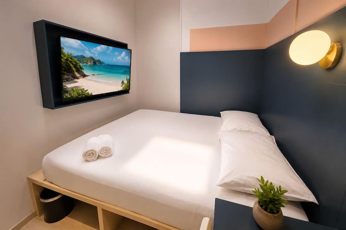 Une chambre d’hôtel moderne avec un lit, un téléviseur fixé au mur qui diffuse une scène de plage, une lampe de chevet et une petite plante.