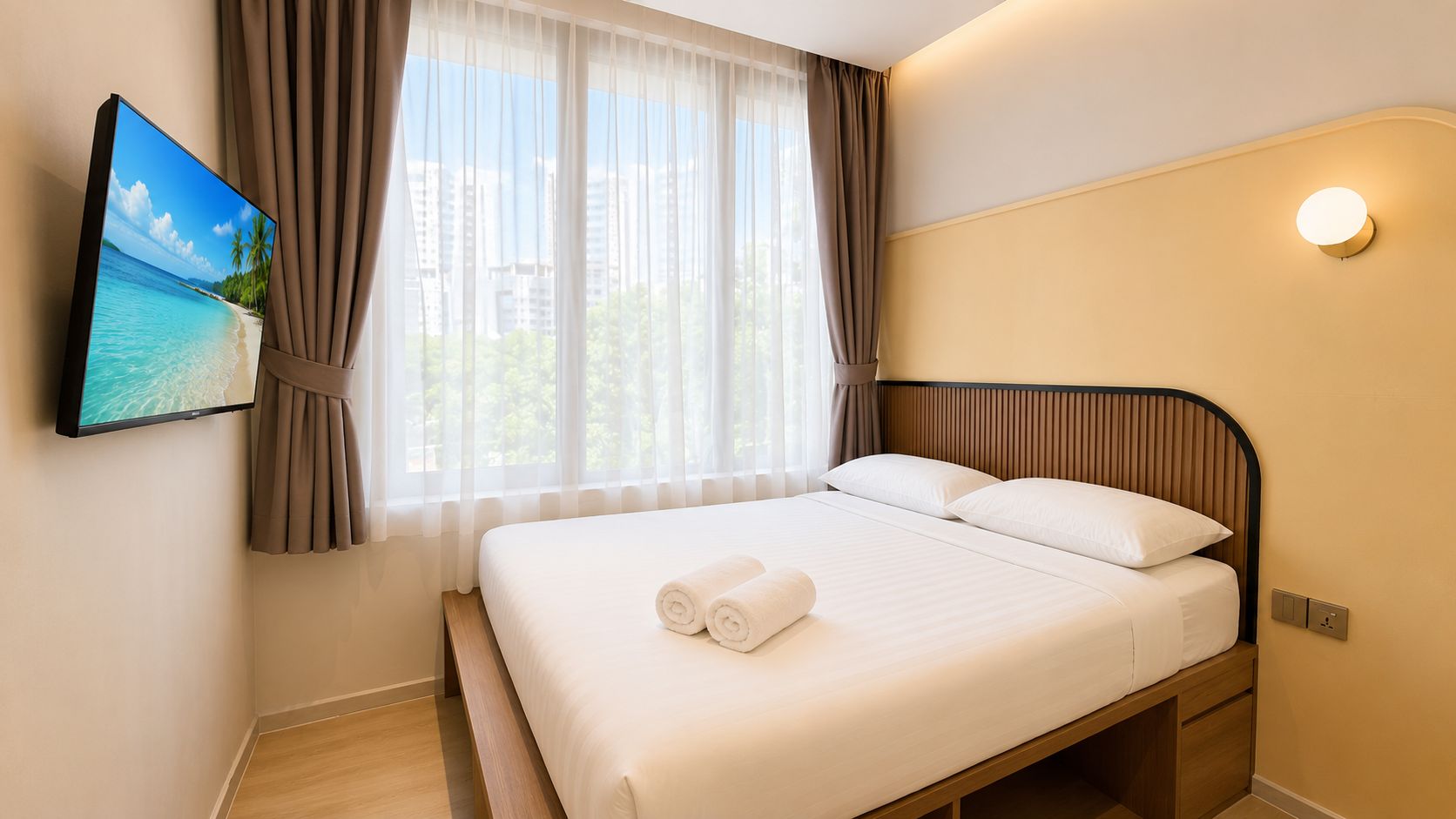 A hotel room with a bed, a TV mounted on the wall, and a window with curtains.