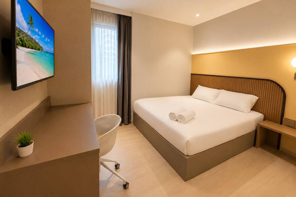 Une chambre d’hôtel avec un lit, un bureau, une chaise, une télévision et une petite plante.