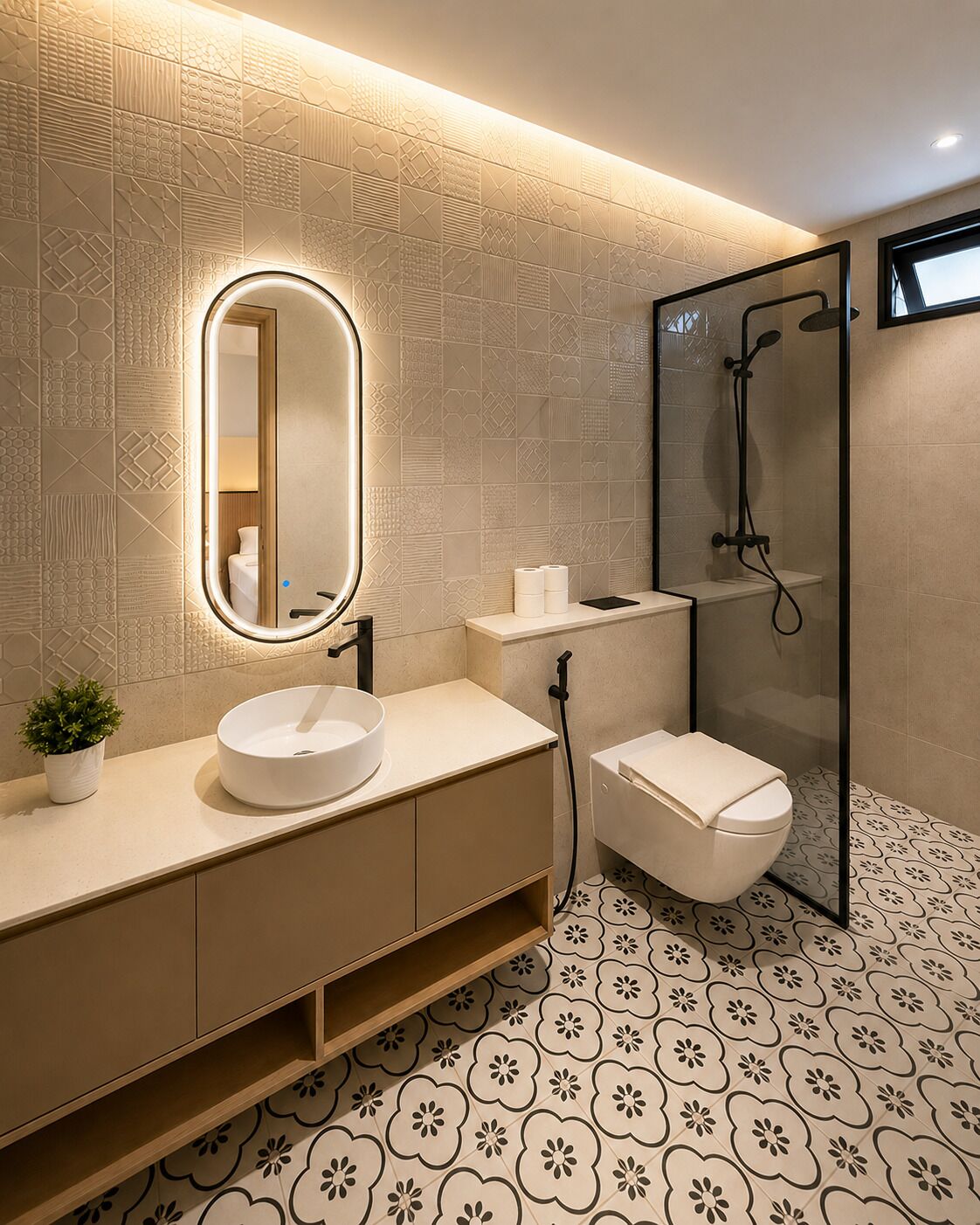 A modern bathroom with a round mirror, a sink, a toilet, and a shower enclosure.