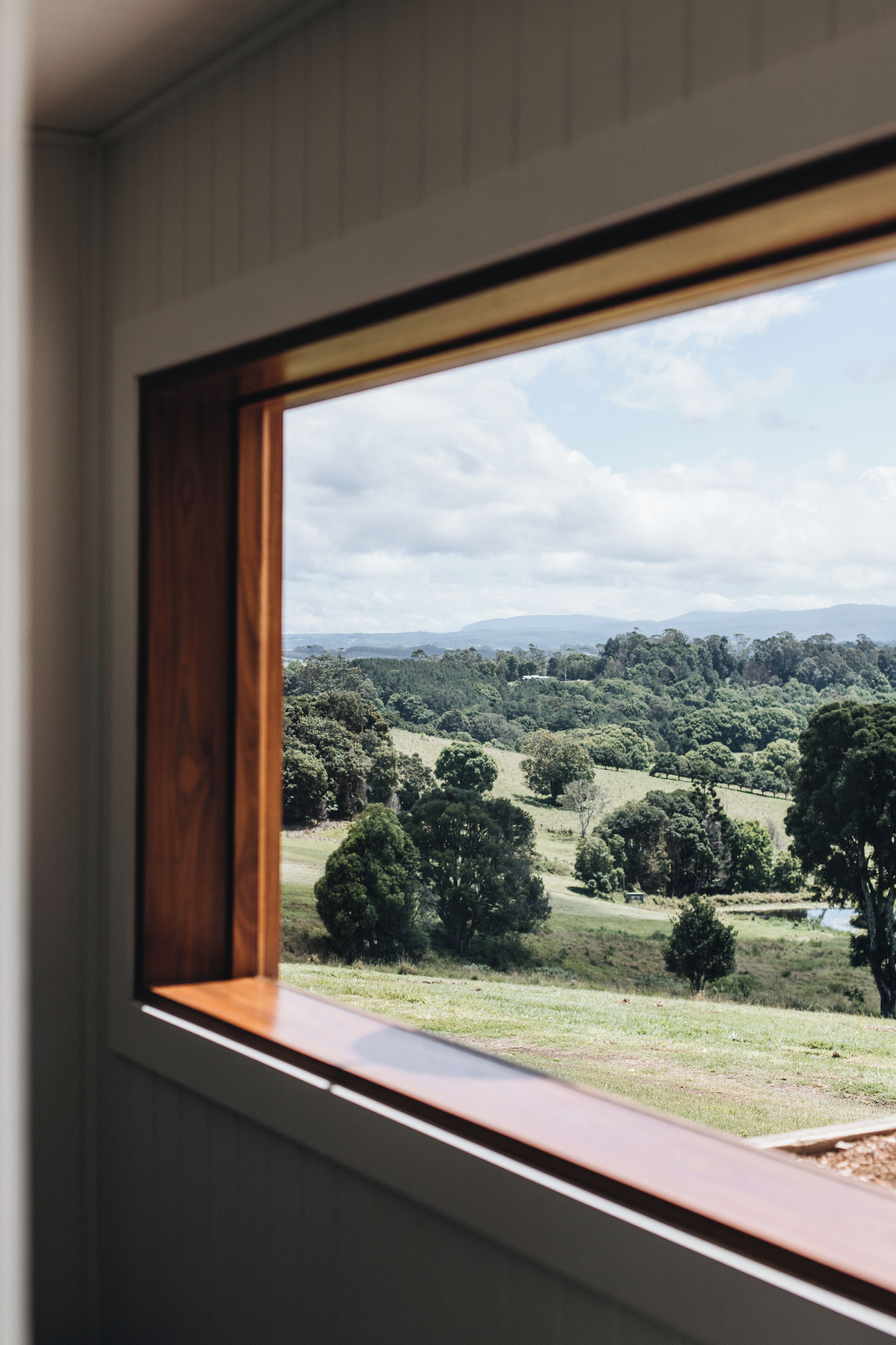 A window with a view of a green landscape, including trees and hills.
