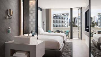 Premium bedding, desk, laptop workspace, soundproofing