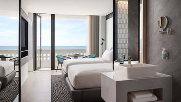 Premium bedding, desk, laptop workspace, soundproofing