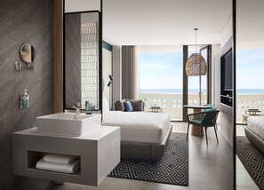 Habitación superior, 1 cama matrimonial, vista al océano | Baño | Tina y regadera independientes y regadera tipo lluvia 