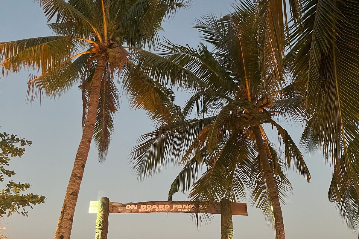 Una playa con palmeras y un cartel que dice "ON BOARD PANG BEACH HOSTEL & RESORT".
