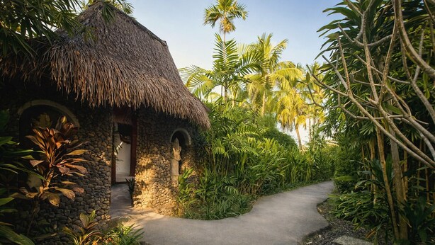 A thatched-roof structure with a stone wall, surrounded by tropical vegetation and a paved path.