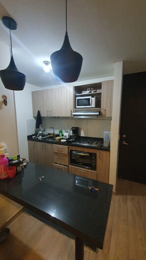 Frigorífico, microondas, horno y placa de cocina