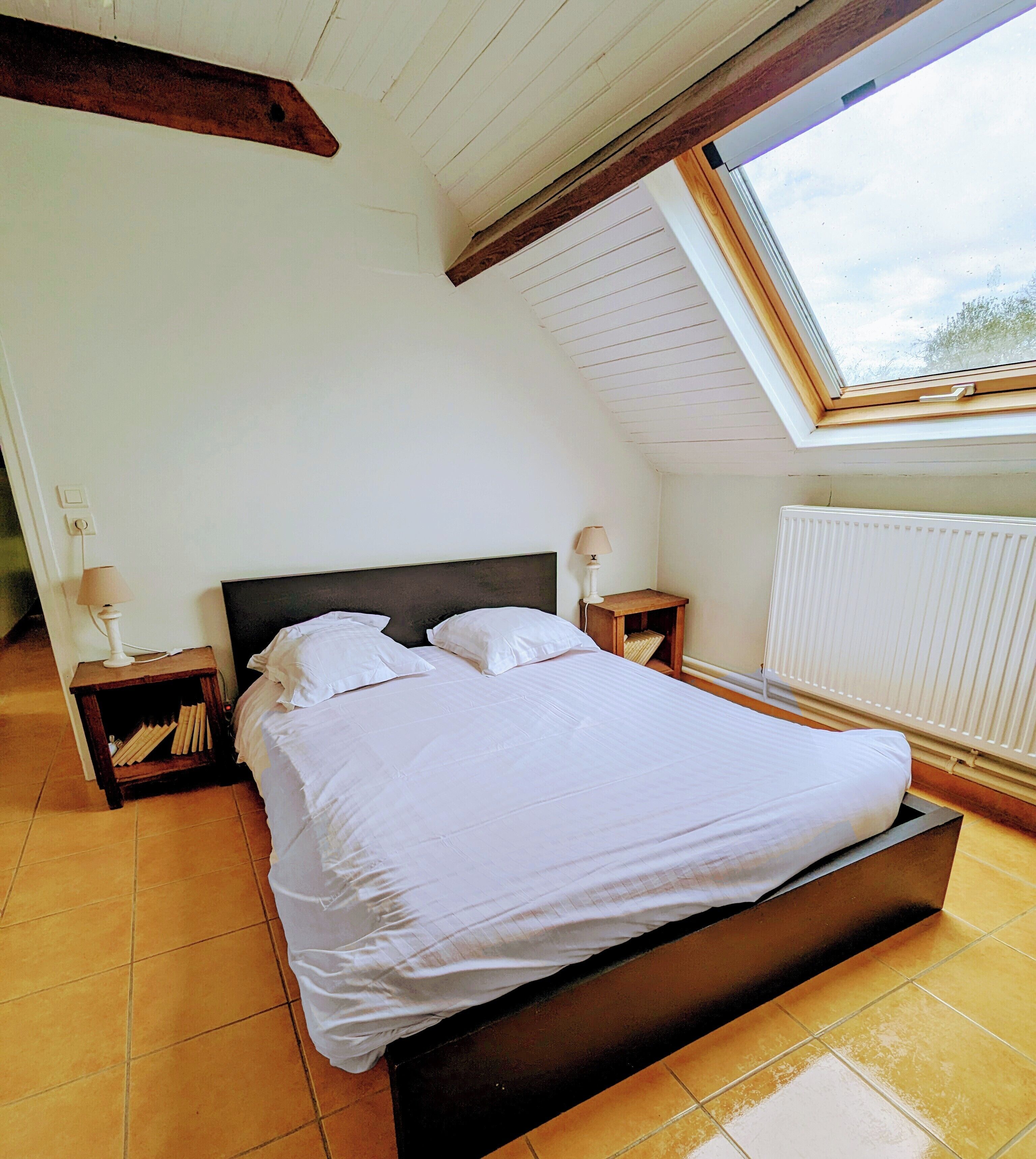 A bedroom with a large bed, wooden headboard, two bedside tables with lamps, a window with a view, and a radiator.