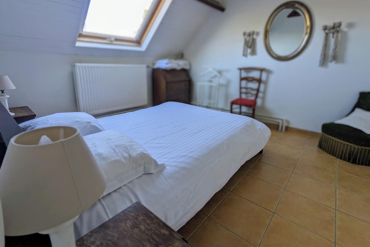 A bedroom with a bed, a nightstand, a lamp, a chair, a mirror, and a radiator.