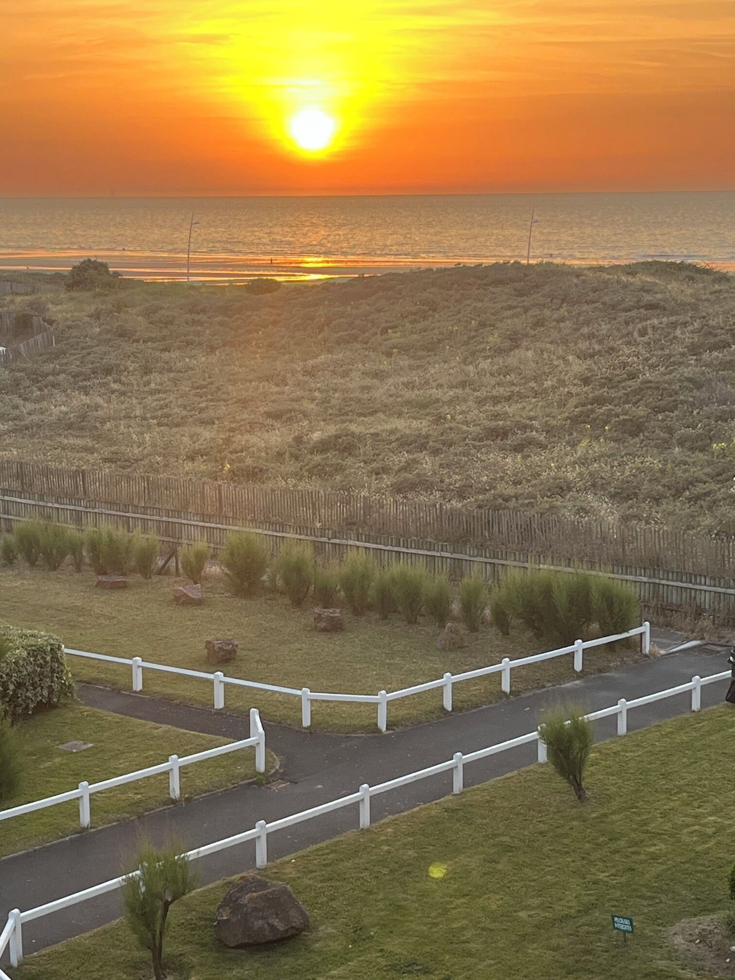 A sunset over a coastal landscape with a fenced pathway and grassy areas.