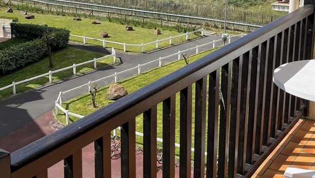 A balcony with a view of the sea, a paved path, and a grassy area.