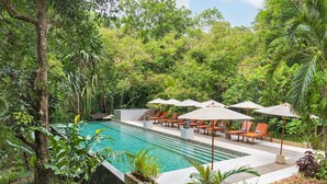 A pool area with lounge chairs and umbrellas, surrounded by lush greenery. - Thalassa Dive & Wellbeing Resort Manado (Manado)