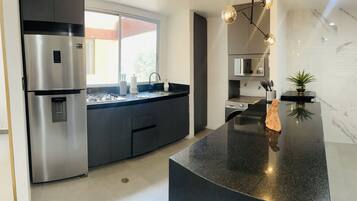 Fridge, microwave, electric kettle, toaster