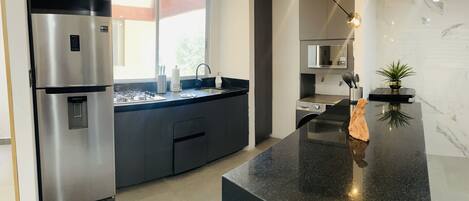 Fridge, microwave, electric kettle, toaster