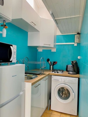 Fridge, microwave, oven, electric kettle