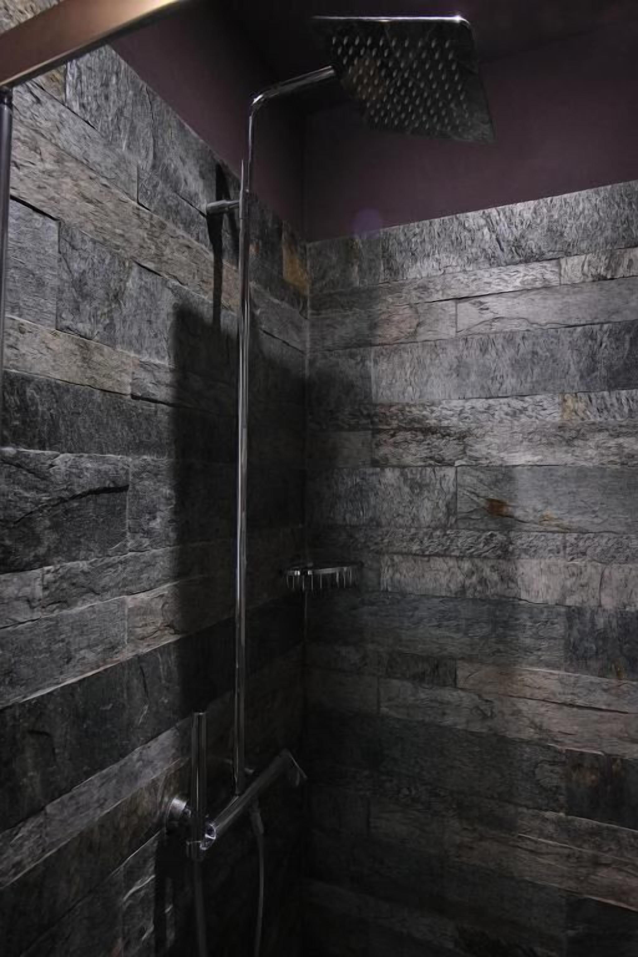 Ducha con puerta de vidrio y marco metálico, frente a una pared con textura similar a la piedra.