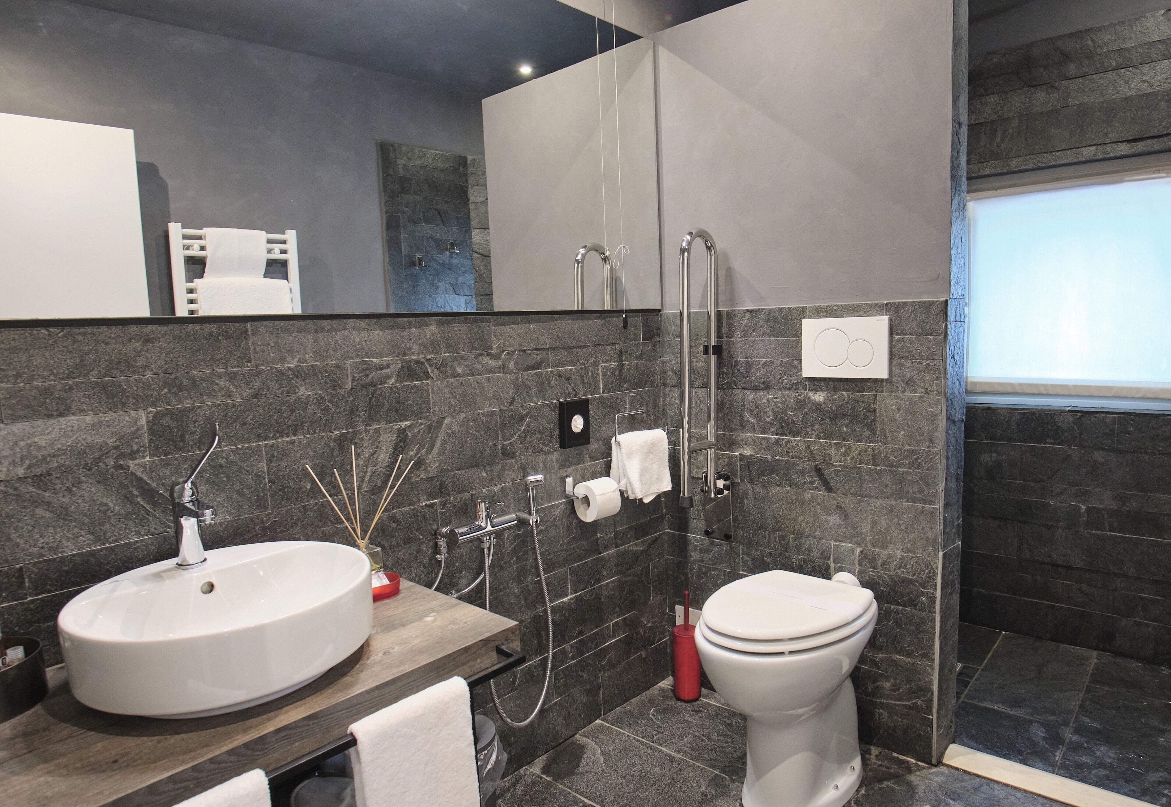 Une salle de bain moderne dotée d’un grand lavabo, de toilettes et d’un espace douche.
