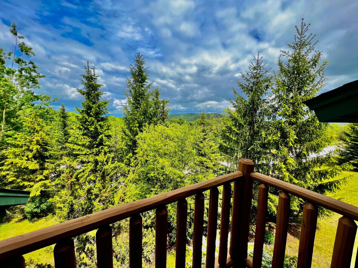 A wooden deck with a view of a forested landscape.