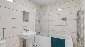 Shower, hair dryer, towels, toilet paper