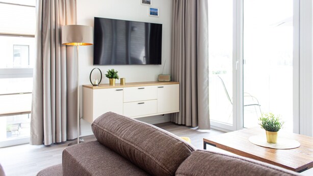 A modern living room with a sofa, a flat-screen TV mounted on the wall, a wooden side table with a plant, and a sliding glass door leading to an outdoor area.