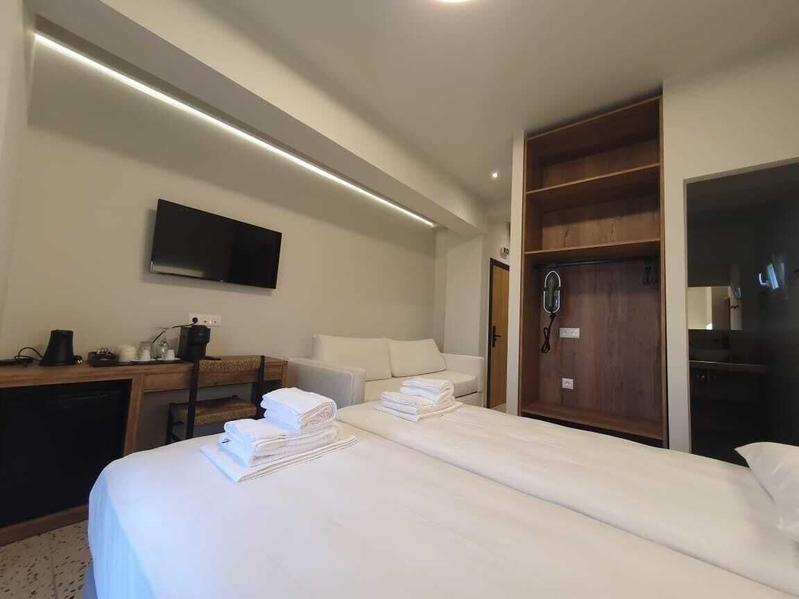 A hotel room with a bed, a desk, a TV, a wardrobe, and a shower area.