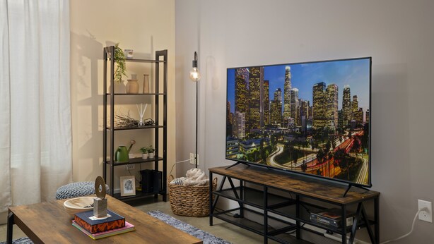 Ein Wohnzimmer mit einem Flachbildfernseher auf einem Holzständer, einem Bücherregal und einem kleinen Tisch mit Büchern und Dekoration.