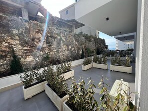 A rooftop terrace with a rocky wall and potted plants.