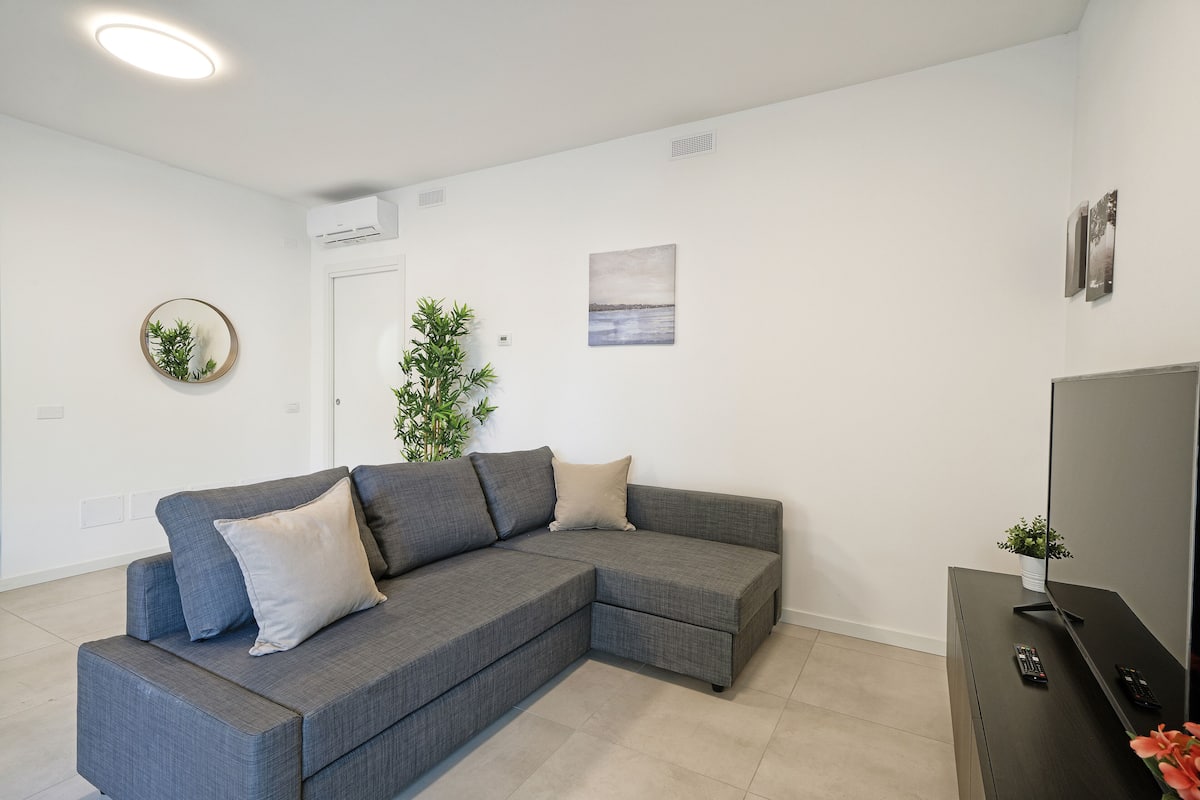 A modern living room with a grey sectional sofa, a flat-screen TV, and a small potted plant.