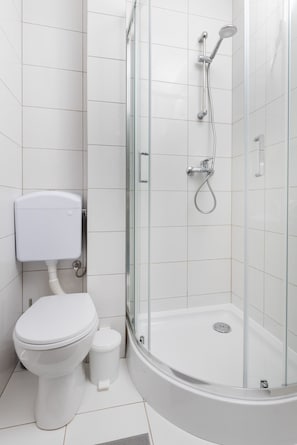 A modern bathroom with a toilet, bidet, and a glass-enclosed shower stall.