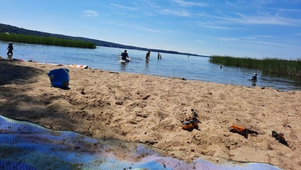 A sandy beach with a calm body of water, a clear sky, and distant hills. - Charming guest house by the lake<br> (Bad Saarow)