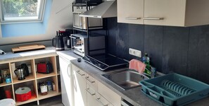 Frigorífico, microondas, horno y placa de cocina