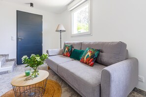 Älytelevisio, pöytätennispöytä, kirjoja, musiikkikirjasto