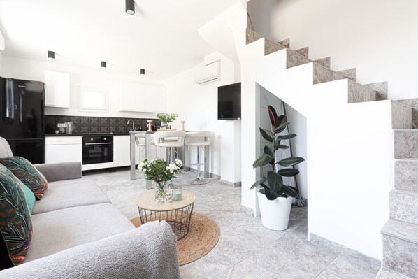 Älytelevisio, pöytätennispöytä, kirjoja, musiikkikirjasto