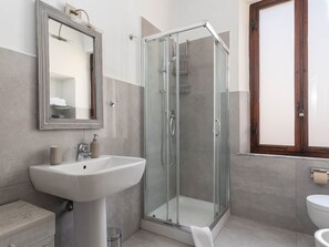 Shower, hair dryer, bidet, towels