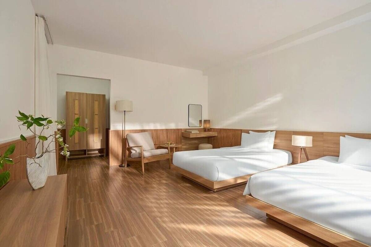 Habitación de hotel con dos camas, un armario de madera, una silla, una mesita de noche, una lámpara y una planta en maceta.