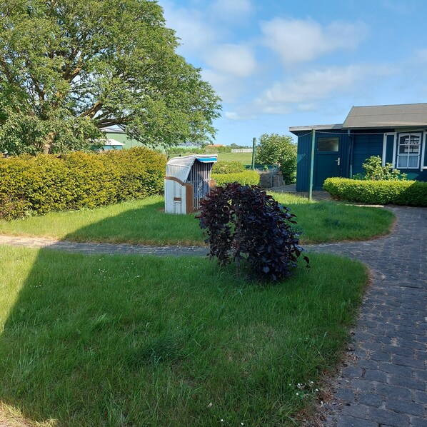 A pathway leading to a building with a blue exterior, surrounded by well-maintained grass and hedges.