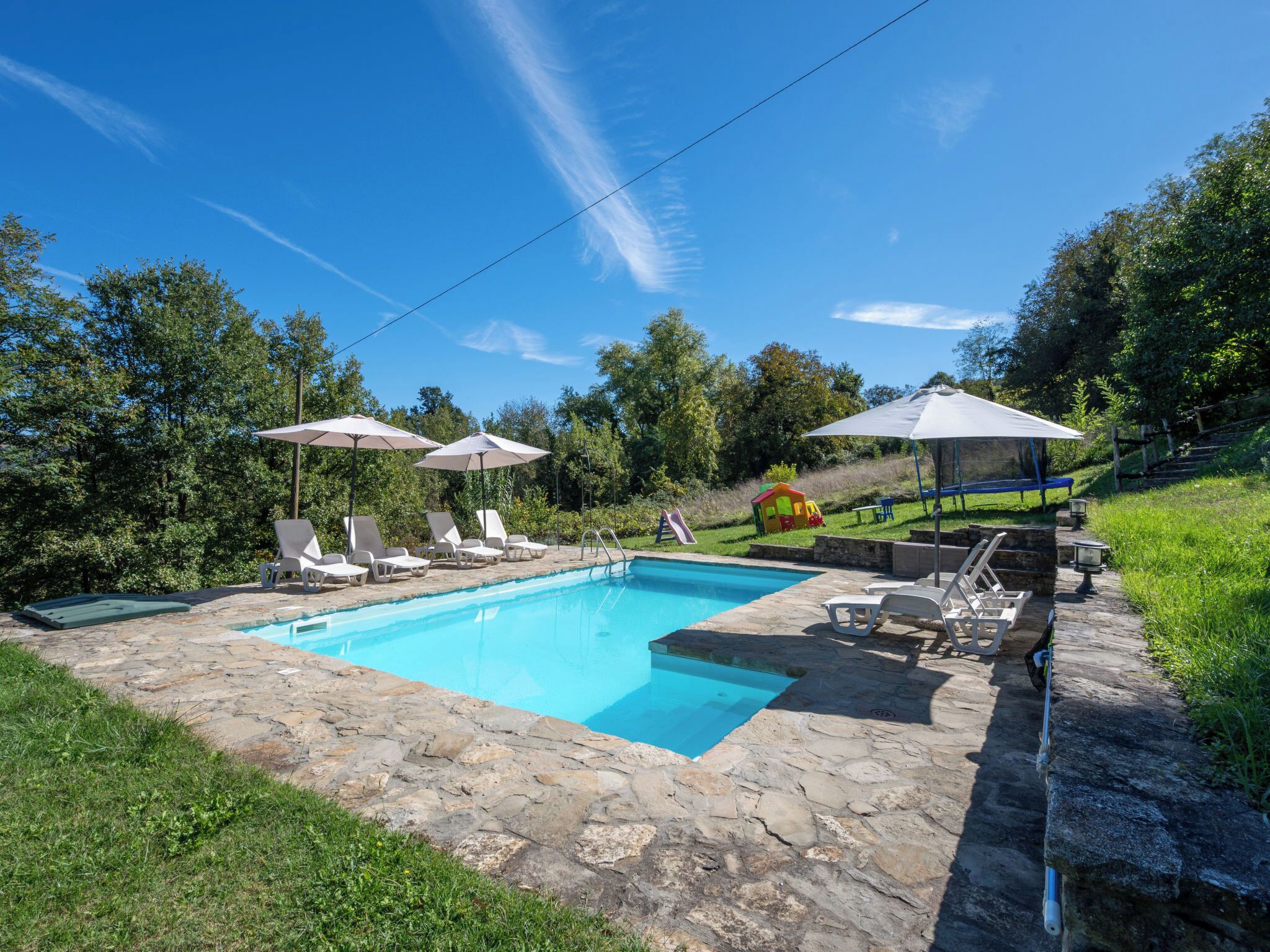 A swimming pool with lounge chairs and umbrellas, surrounded by a stone deck and greenery.