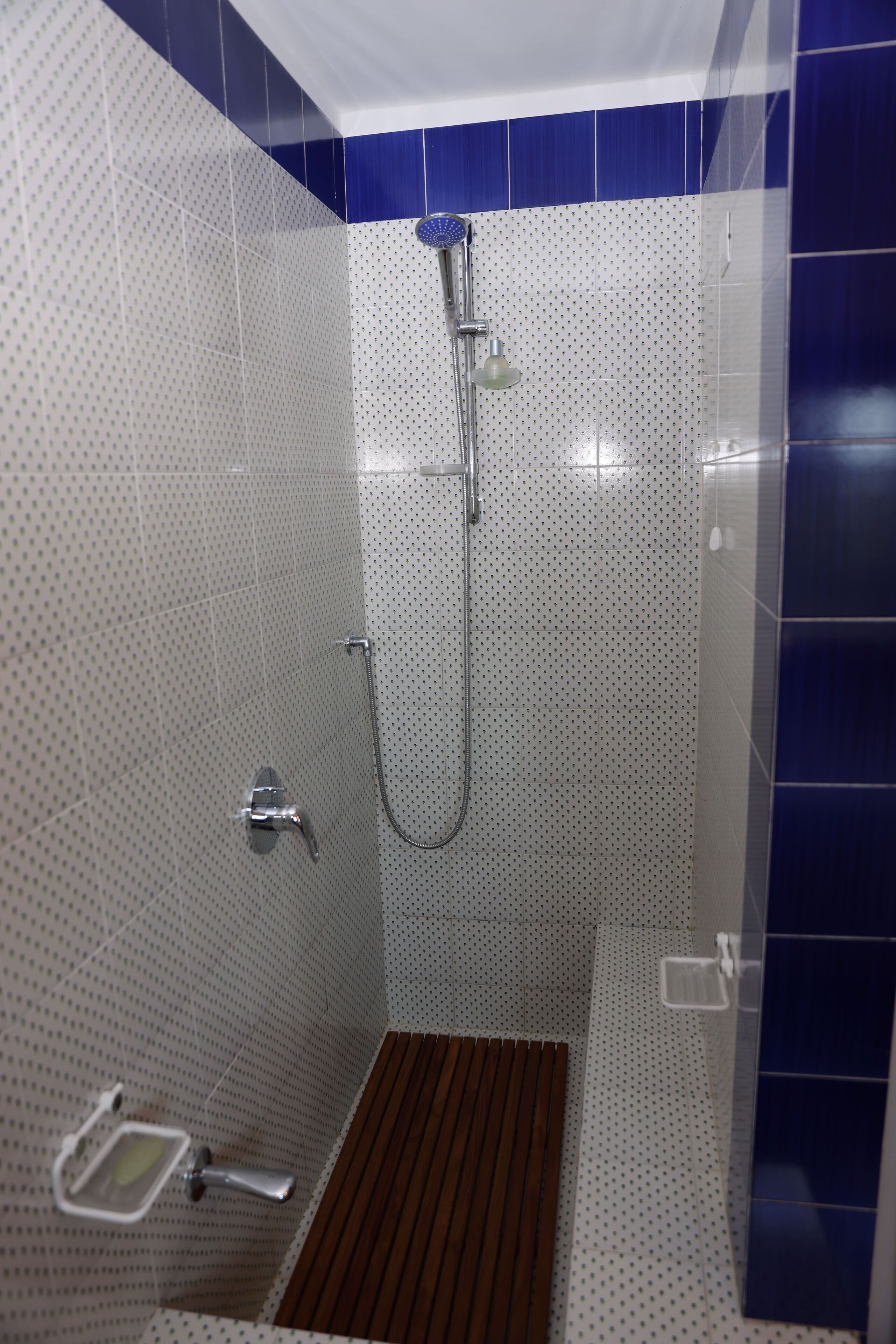 A shower with a handheld showerhead and a handheld soap dispenser.