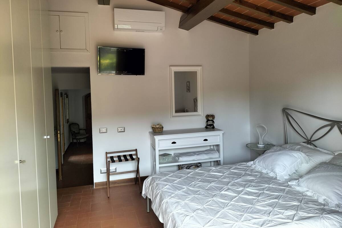 A bedroom with a bed, a TV, a mirror, a dresser, and a chair.