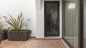 Een moderne gevel met glazen deur, een potplant en een betegeld terras.