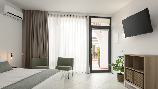 Een hotelkamer met een bed, twee stoelen, een televisie, een plant en een tv-meubel.