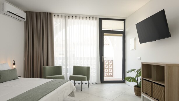 Ein Hotelzimmer mit einem Bett, zwei Stühlen, einem Fernseher, einer Pflanze und einem TV-Schrank.