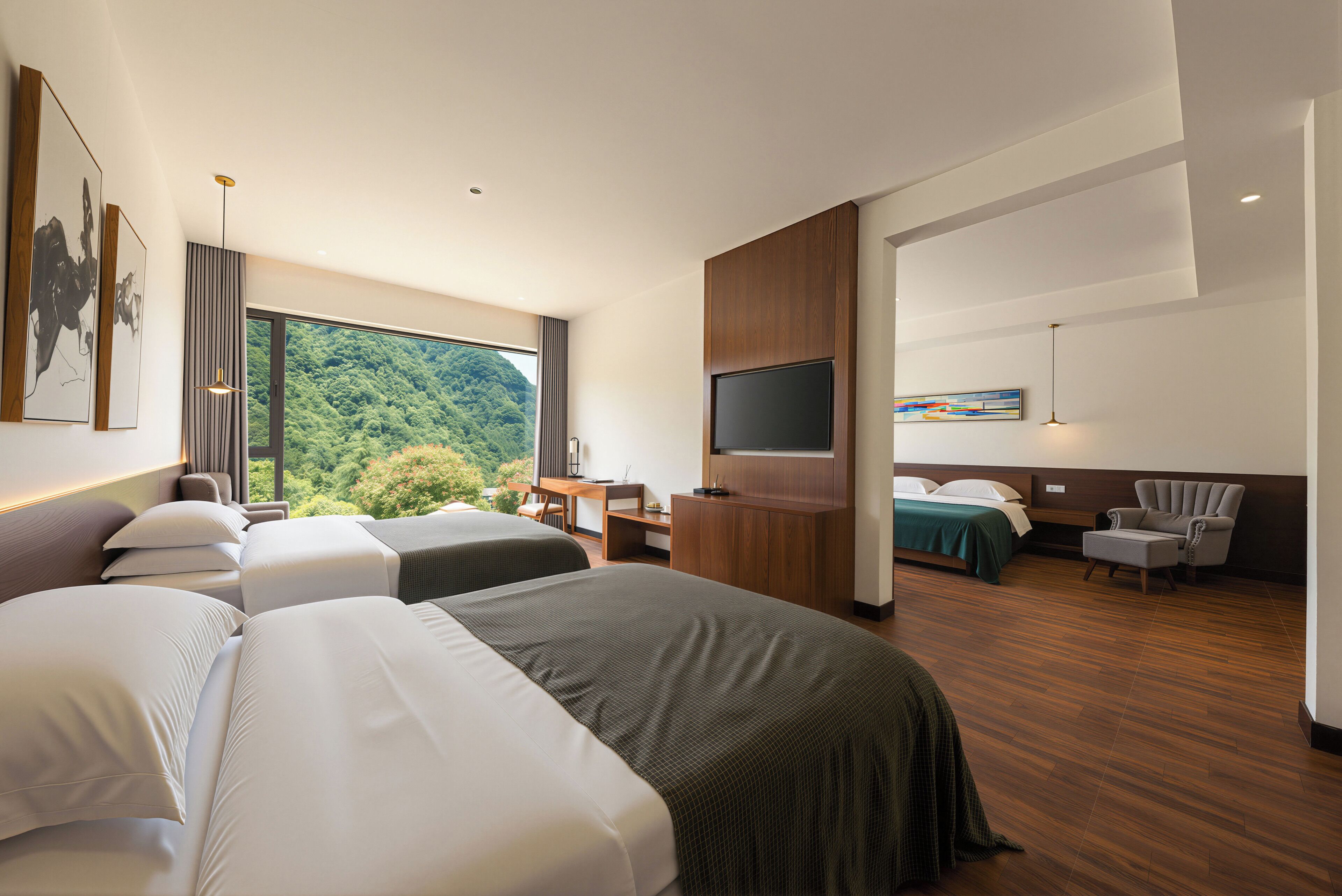 A hotel room with two beds, a desk, a TV, and a view of a forest.