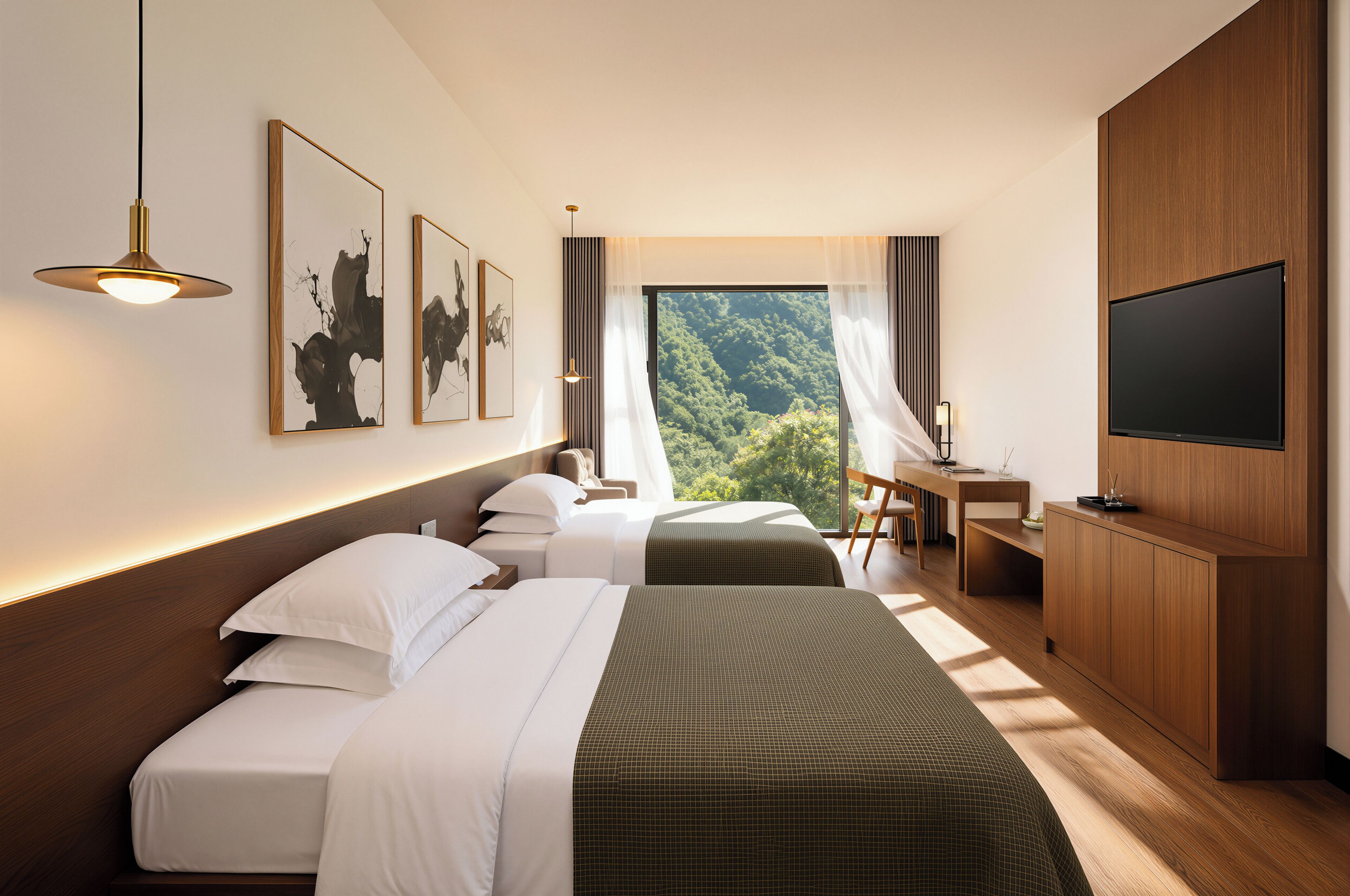 A hotel room with two beds, a desk, a TV, and a large window with a forest view.