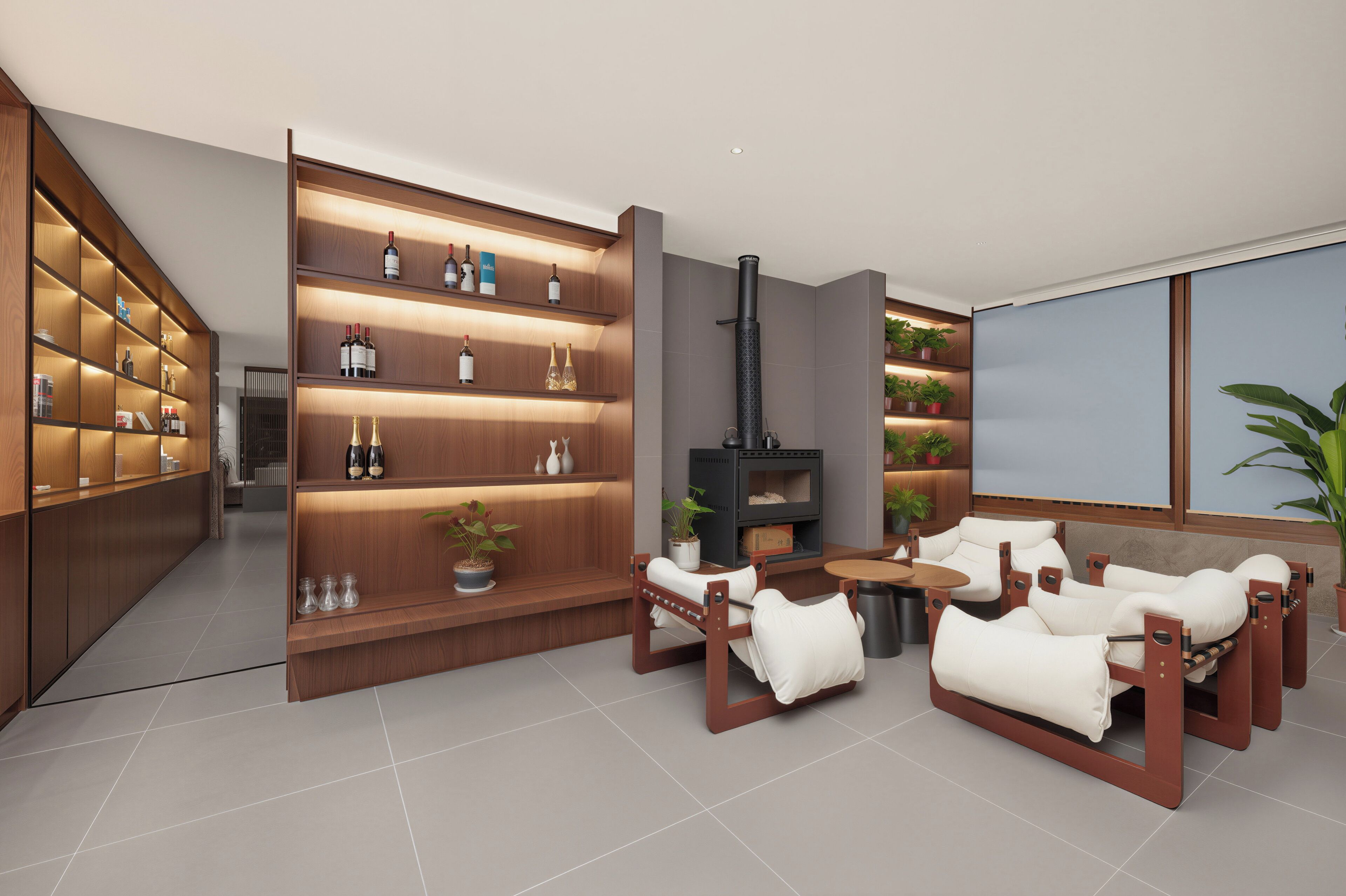 A modern interior with a fireplace, wooden shelving, and a seating area.