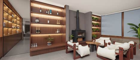 A modern interior with a fireplace, wooden shelving, and a seating area.